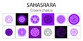 Sahasrara icon set. The seventh crown, parietal chakra. Vector purple gloss and shine. One line symbol. Outline sacral sign. Royalty Free Stock Photo