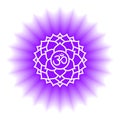 Sahasrara icon. The seventh crown, parietal chakra. Vector purple gloss and shine. Line symbol. Sacral sign. Meditation