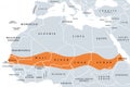 The Sahel, region in Africa between Sahara and Sudanian savanna, political map