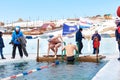 SAHYURTA ,IRKUTSK REGION, RUSSIA - March 11.2017: Cup of Baikal. Winter Swimming. Butterfly 25 meters. Men Royalty Free Stock Photo