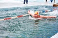 SAHYURTA ,IRKUTSK REGION, RUSSIA - March 11.2017: Cup of Baikal. Winter Swimming. Butterfly. Woman Royalty Free Stock Photo