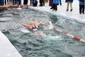 SAHYURTA ,IRKUTSK REGION, RUSSIA - March 11.2017: Cup of Baikal. Winter Swimming. Butterfly. Woman Royalty Free Stock Photo