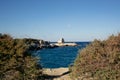 A good view of the Torre di Maradico a historic landmark at the amalfi coast from between the bushes