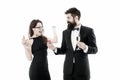 She said yes. Man with beard and woman happy celebrate anniversary. Couple in love dating anniversary. Couple man tuxedo