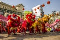 SAIGON, VIETNAM - FEB 15, 2018 - Dragon and lion dance show in chinese new year festival. Royalty Free Stock Photo