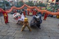 SAIGON, VIETNAM - FEB 15, 2018 - Dragon and lion dance show in chinese new year festival. Royalty Free Stock Photo