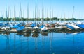 Sail boars for rent on the pier on Alster lake. Hamburg, Germany Royalty Free Stock Photo