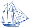 Sail boat engraving. Schooner sketch. Yacht drawing