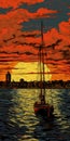 Sunset Harbor: A Pop Art Revivalism Illustration Of A Boat In New London