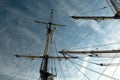 Sail boat rigging against dark blue sky