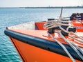 Sail boat rope tied to a bitt mooring bollard Royalty Free Stock Photo