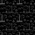 Sail boat seamless pattern in line art style. Royalty Free Stock Photo