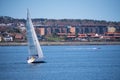 Sail boat and speed boat with small coastal city (Stavanger Norway) In the background