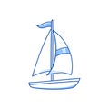 Sail boat, yacht ship doodle. Hand drawn sketch doodle style sail boat. Blue pen line stroke isolated element. Travel