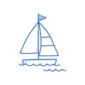 Sail boat, yacht ship doodle. Hand drawn sketch doodle style sail boat. Blue pen line stroke isolated element. Travel
