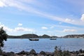 Sail boats, boats, ocean, sea, mountains, St. Thomas, US Virgin Islands, island, tropical, landscape, seascape, blue sky backgroun Royalty Free Stock Photo