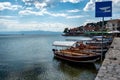 Sail boats beside dock on Ohrid lake Royalty Free Stock Photo