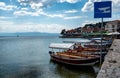 Sail boats beside dock on Ohrid lake Royalty Free Stock Photo