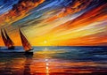 Sail boats on the horizon colorful oil knife painting