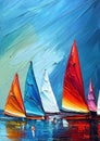 Sail boats on the horizon colorful oil knife painting
