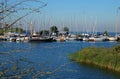 Sail boats stands moored near the river promenade of Muiden