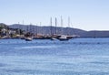 Sail boats yachts in front of Bodrum city center.