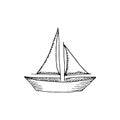 Sail canvas boat ship isolated on white background. Vector hand drawn sketch illustration in doodle outline style. Concept of