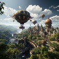 A sail powered airship floating above an exotic city in a fantasy landscape.