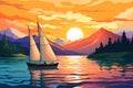 Sail Into Serenity: A Majestic Summer Voyage across the Blue Ocean with a Stunning Landscape Illustration of a Sailboat
