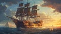 Sail ship gracefully navigating the sea at sunset, surrounded by warm hues of orange and golden skies. Pirate\'s Voyage. AI