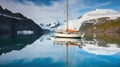 Sail yacht in lagoon with calm water and reflections in Antarctica, Generative AI