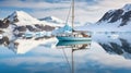 Sail yacht in lagoon with calm water and reflections in Antarctica, Generative AI