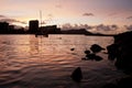 Sailboad anchored near Diamond Head at Waikiki Royalty Free Stock Photo