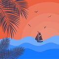 Sea sunset with boat silhouette and palm branches. Royalty Free Stock Photo