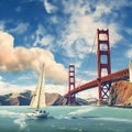 Sailboat adventure under the Golden Gate Bridge with Alcatraz Island in San Francisco Bay
