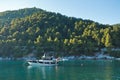 Sailboat in Agnontas bay at sunset, Skopelos island