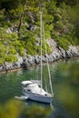 Sailboat anchored in Sarsala Bay, Gocek. Royalty Free Stock Photo