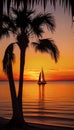 Sailboat on the background of the setting sun. Visible silhouette of palm trees. Ai generative Royalty Free Stock Photo