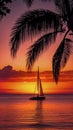 Sailboat on the background of the setting sun. Visible silhouette of palm trees. Ai generative Royalty Free Stock Photo