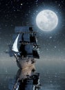 Sailboat on peaceful sea under the Moon Royalty Free Stock Photo