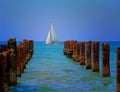 Sailboat on a blue sea in a sunny day in Beit Yanai Israel