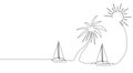 Sailboat, boat, ship, sea wave and palm tree. Royalty Free Stock Photo