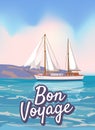 Sailboat Bon Voyage poster retro, sailing ship on the ocean, sea. Tropical cruise, summertime travel vacation. Vector Royalty Free Stock Photo