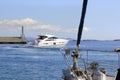 Sailboat bow detail Formentera port entrance Royalty Free Stock Photo