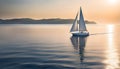 Sailboat in a calm sea during a bright sunset with pink clouds, vacation on a yacht in the ocean Royalty Free Stock Photo