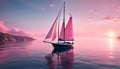 Sailboat in a calm sea during a bright sunset with pink clouds, vacation on a yacht in the ocean Royalty Free Stock Photo