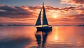 Sailboat in a calm sea during a bright sunset with pink clouds, vacation on a yacht in the ocean Royalty Free Stock Photo