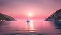 Sailboat in a calm sea during a bright sunset with pink clouds, vacation on a yacht in the ocean Royalty Free Stock Photo