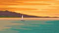 Sailboat on calm water at dawn, vector illustration, relaxing holiday and travel concept