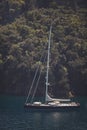 Sailboat close view in the bay of Portofino in Liguria region, Italy. Royalty Free Stock Photo